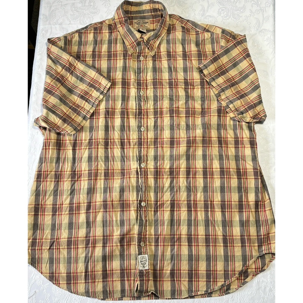 Vintage Polo Jeans Ralph Lauren Shirt Mens XXLarge Brown Plaid Short Sleeve‎